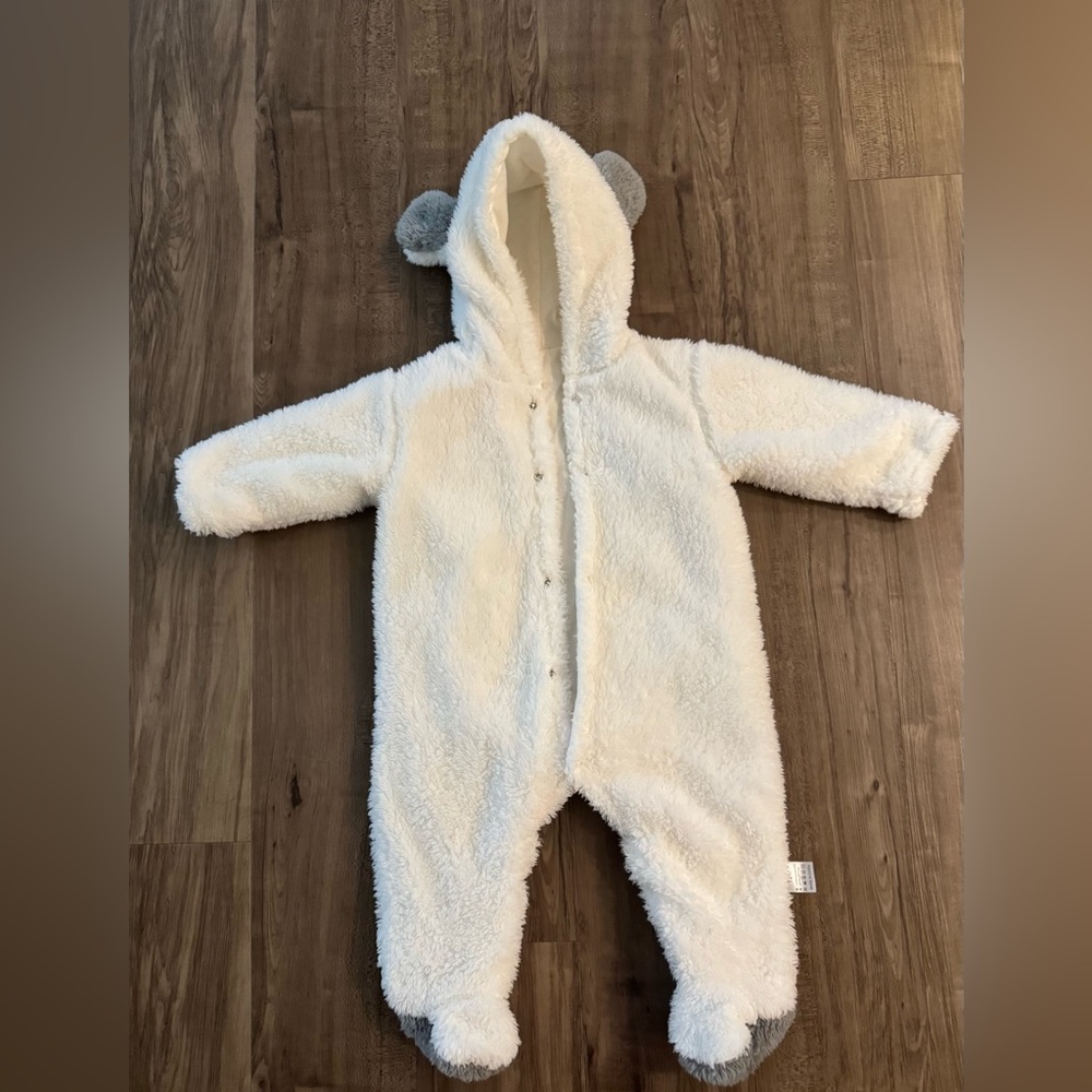 Baby Footies Fleece Hooded Suit w Bear Ears Cozy White Plush Infant Snowsuit 12M